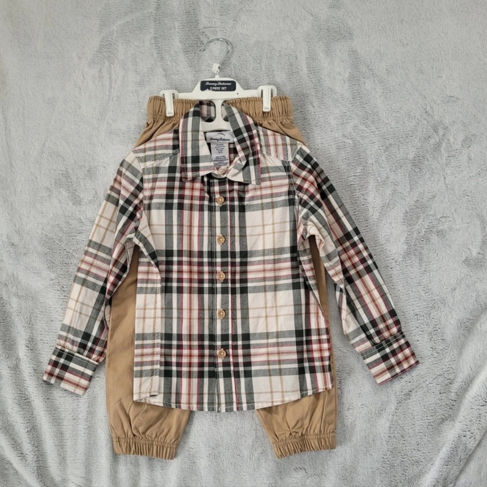 Tommy Bahama Boys Size XS 4 Woven Button Down Shirt & Khaki Jogger Pants Set NEW